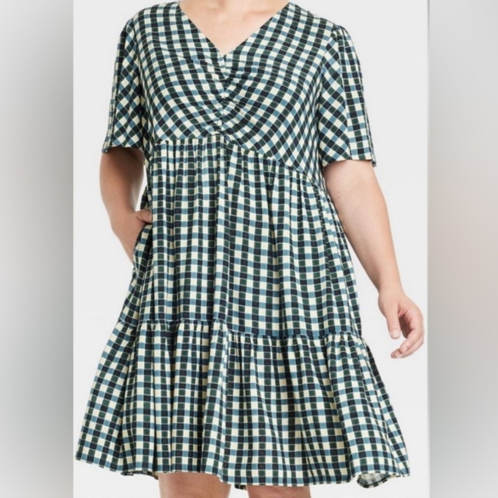 Ava & Viv- Blue and Black Plaid Short Sleeve Flutter Knee Length Dress- …